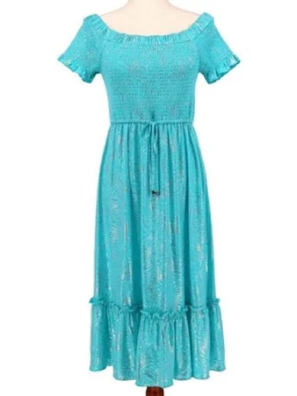 MICHAEL Michael Kors Teal Off-Shoulder foil printed Midi Dress